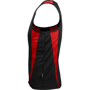 A black singlet with red stripes, featuring a logo on the side.