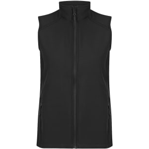 A black sleeveless vest with a front zip and side pockets, featuring a logo on the upper left.