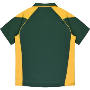A polo shirt in green and yellow with a logo, featuring a sporty design and short sleeves.