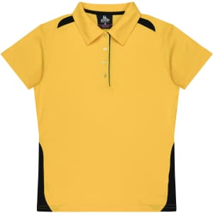 A yellow polo shirt with black side panels and a collar, featuring buttons and a logo.