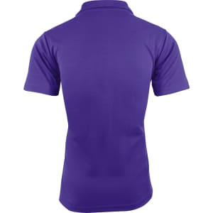 A purple polo shirt with short sleeves and a collar, featuring a branding logo.
