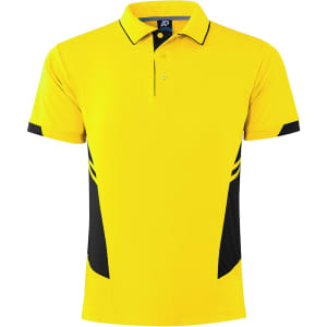 A yellow polo shirt featuring black accents and a logo on the collar.