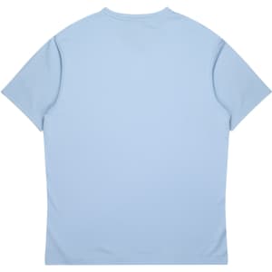 A light blue t-shirt featuring a simple design, with short sleeves and a relaxed fit. It has a logo on the back.