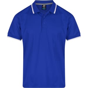 A blue polo shirt with white accents and a collar, featuring a logo on the left chest area.