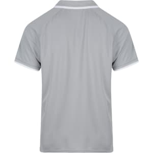 A grey polo shirt featuring a contrast collar and a logo on the back. Suitable for casual wear.
