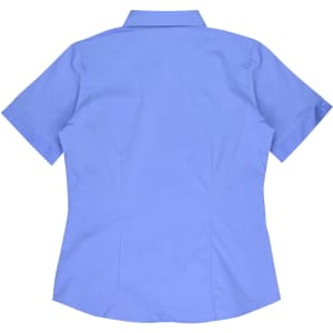 A light blue short sleeve button-up shirt with a back view, featuring a fitted design and a collar.