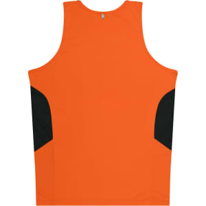 An orange singlet with black side panels and a small logo on the back. Ideal for kids' casual wear.