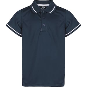 A navy blue polo shirt with contrasting white stripes on the collar and sleeves, featuring a button placket and a logo.