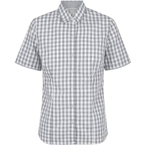 A short-sleeve button-up shirt in a grey and white check pattern, featuring a collar and buttons. Includes a logo.