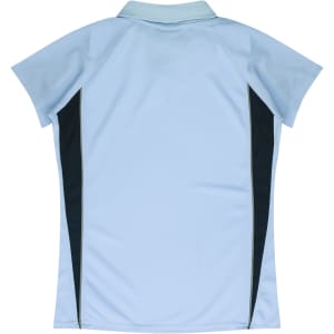 A light blue polo shirt with short sleeves and black side panels, featuring a collar and a logo.