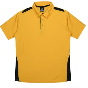 A yellow polo shirt with black accents, featuring a collar and three buttons, and a logo on the label.