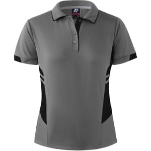 A grey polo shirt with black side panels and a logo on the collar. Short sleeves and a classic polo design.