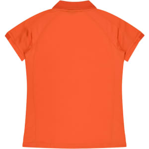 An orange polo shirt featuring a collared neckline and short sleeves, with a logo on the back.