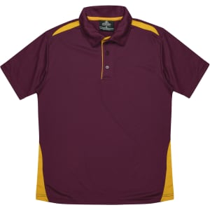 A maroon polo shirt featuring yellow accents and a collar, with a logo on the tag.