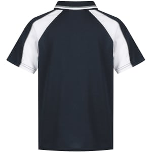 A black polo shirt with white detailing, featuring a logo on the front. Suitable for children's wear.
