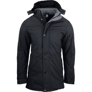 A black men's jacket with a hood and grey lining, featuring a button and zip closure. It has a logo on the fabric.
