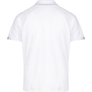 A white men's polo shirt featuring a classic design and short sleeves, with a logo on the back.