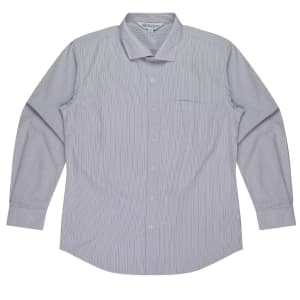 A long-sleeve button-up shirt in light purple and white stripes with a single chest pocket and a logo.