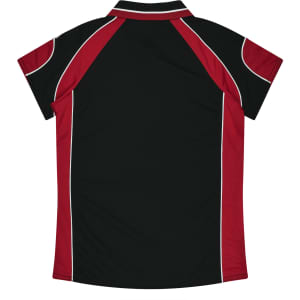 A black and red polo shirt featuring a classic collar and contrast piping. It has a logo on the back.