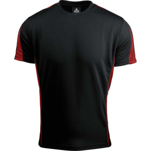 A black t-shirt with red accent panels on the sleeves. It features a logo on the collar.