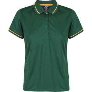 A green polo shirt featuring contrasting yellow trim on the collar and sleeves, with a logo at the neckline.
