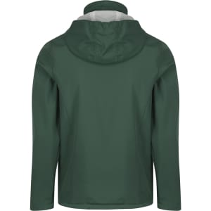 A green jacket with a hood, featuring a clean design and a light-coloured interior. It includes a logo on the back.