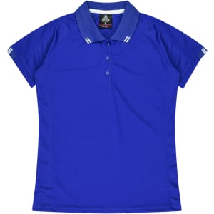 A blue polo shirt with short sleeves and a collar, featuring contrasting stripes on the shoulders and a logo.