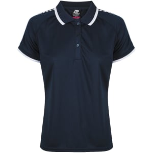 A navy blue polo shirt with a collar, featuring white trim and a logo on the chest area.