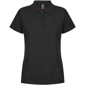 A black polo shirt featuring a three-button placket and a logo on the collar.
