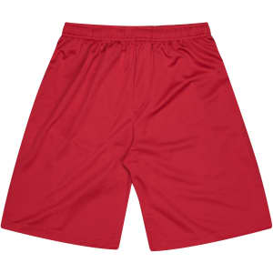 Red sports shorts featuring an elastic waistband and a smooth fabric finish, with a logo on the side.