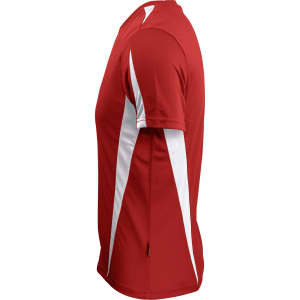 A red t-shirt with white panel accents, featuring a logo on the side.