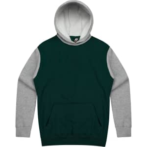 A green and grey hoodie with a kangaroo pocket and a hood. The design features contrasting sleeves and a logo.