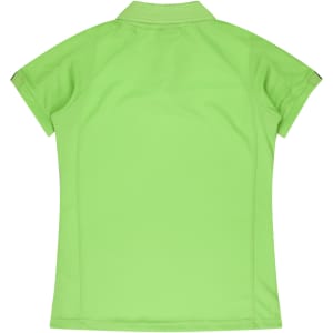 A lime green polo shirt with a classic collar and short sleeves, featuring a logo on the side.