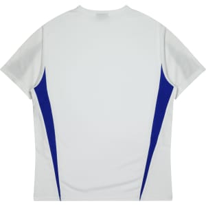 A white T-shirt with blue side panels and a logo on the back. Suitable for kids.