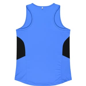 A blue singlet with black side panels, featuring a logo on the back.