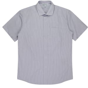A short-sleeve button-up shirt featuring a striped pattern in light blue and white, with a chest pocket and logo.
