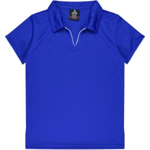 A blue polo shirt featuring a collar and a logo on the label, designed for women's wear.