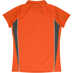 An orange polo shirt featuring grey side panels and a collar, with a logo on the back.