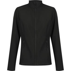 A soft shell jacket in black, featuring a zip front and side pockets. Includes a logo on the jacket.