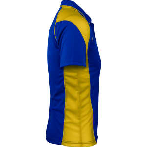 A blue and yellow polo shirt with a logo, featuring a side view design and short sleeves.