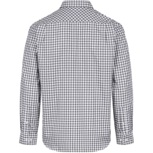 A long sleeve button-up shirt featuring a grey and white checkered pattern, with a back view showcasing its collar and stitching.