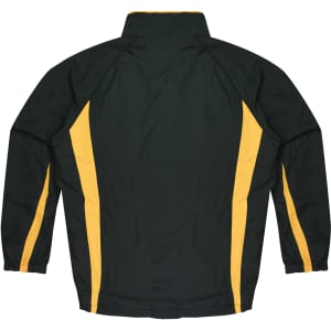 A green tracktop with yellow side panels, featuring a collar and long sleeves. It has a logo on the front.