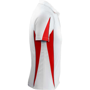 A white polo shirt with red accents and a branding logo on the side.