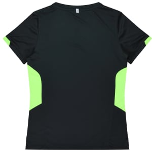 A black t-shirt with green accents on the sides, featuring a logo. Designed for women's style and comfort.