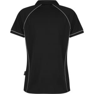 A black polo shirt featuring contrast piping along the seams and a logo on the lower side.