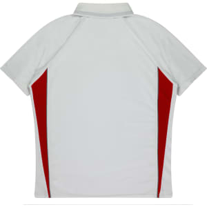 A white polo shirt with red side panels and a collar, featuring a logo on the back.
