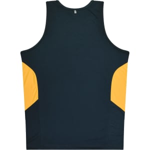 A dark green and yellow men's singlet featuring a logo on the back, with contrasting side panels.