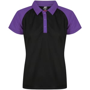 A black and purple polo shirt featuring a collar, short sleeves, and a logo on the collar.