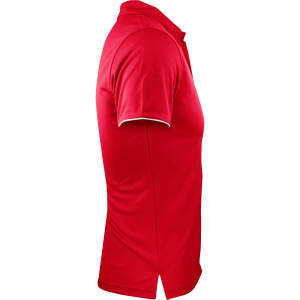 A red polo shirt with a side view, featuring short sleeves and a collar, and a subtle logo on it.