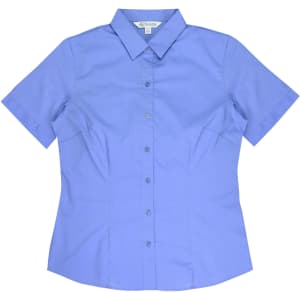A short-sleeve, button-up shirt in a light blue shade, featuring a classic collar and a fitted design.